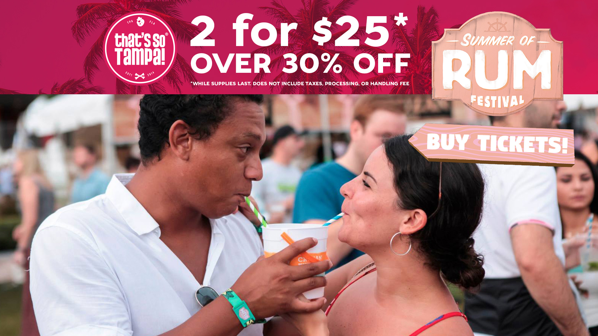 Photo of couple sharing a rum drink with straws for Rum Festival