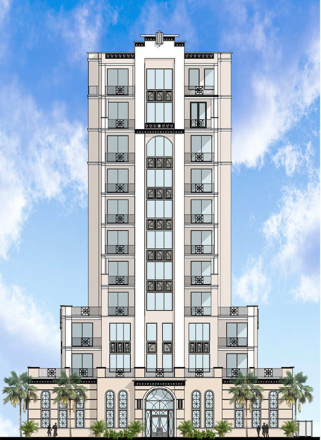 Full rendering of The Perry, a new luxury condo tower on 4th Ave NE