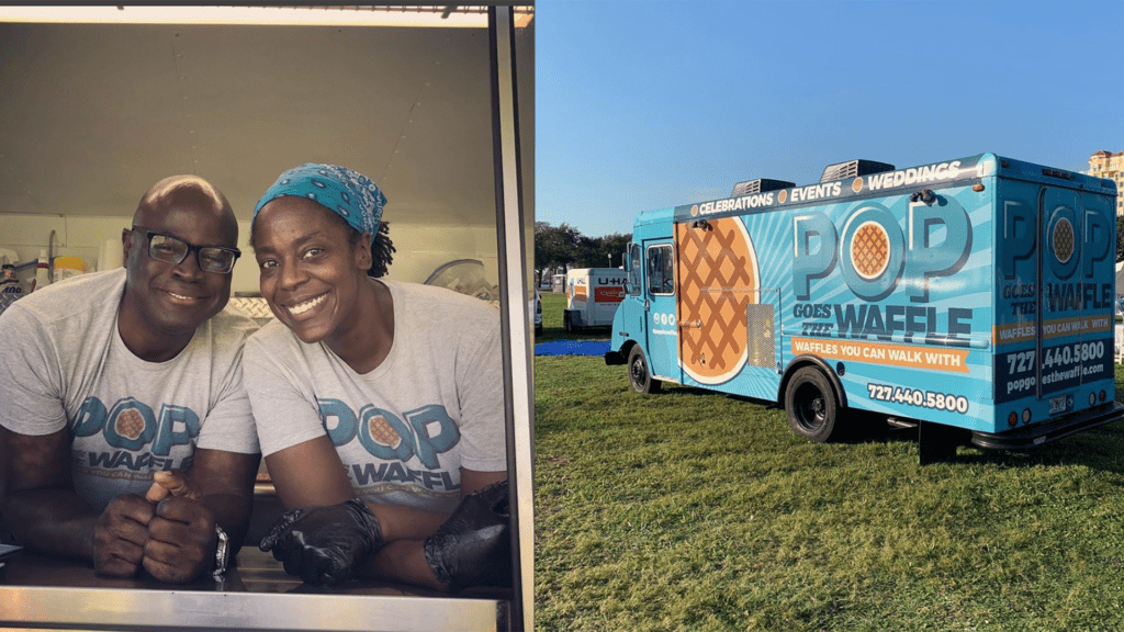 Photo of a waffle food truck with two people smiling together in the pickup window