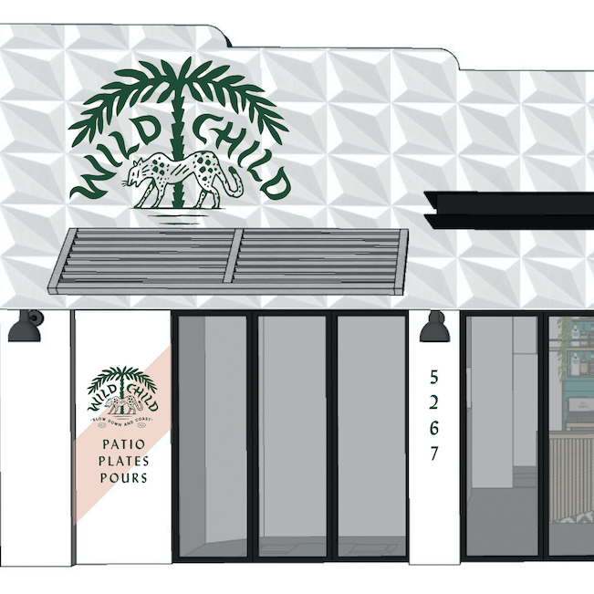 Rendering of the front of a restaurant with the words wild child on the front