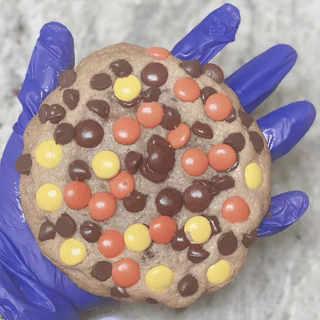 Massive cookie filled with Reese's Pieces