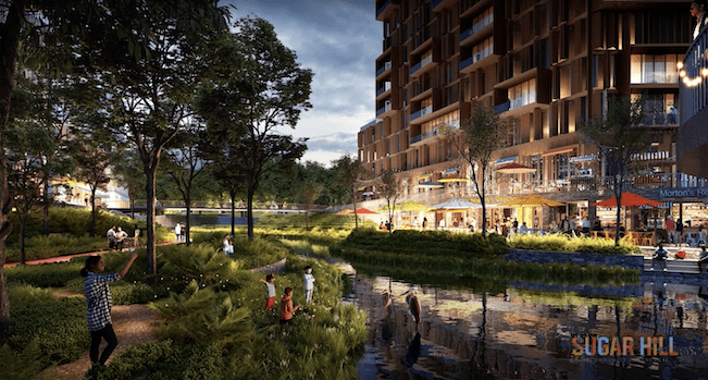Rendering of a lit waterfront property