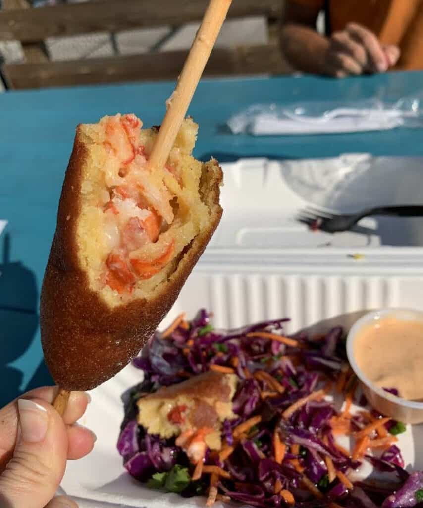 An innovative, carnival-style treat, Funnel Vision's "lobster corn dog" is a fun option for local palettes.