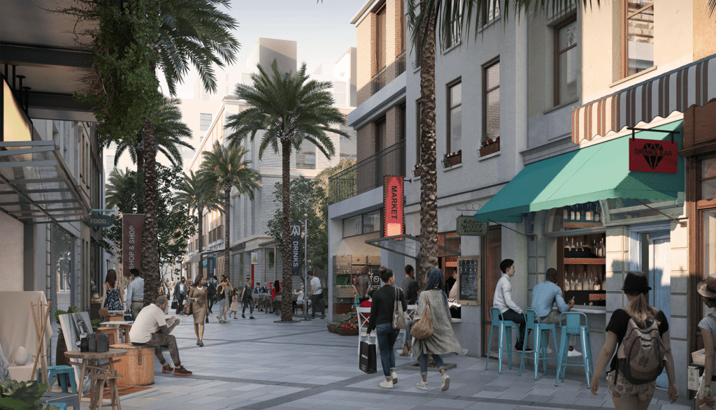 rendering of micro retail shops and restaurants in a walkable district