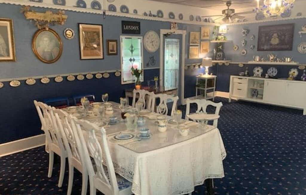 interior of a tea room with linen tabletops 