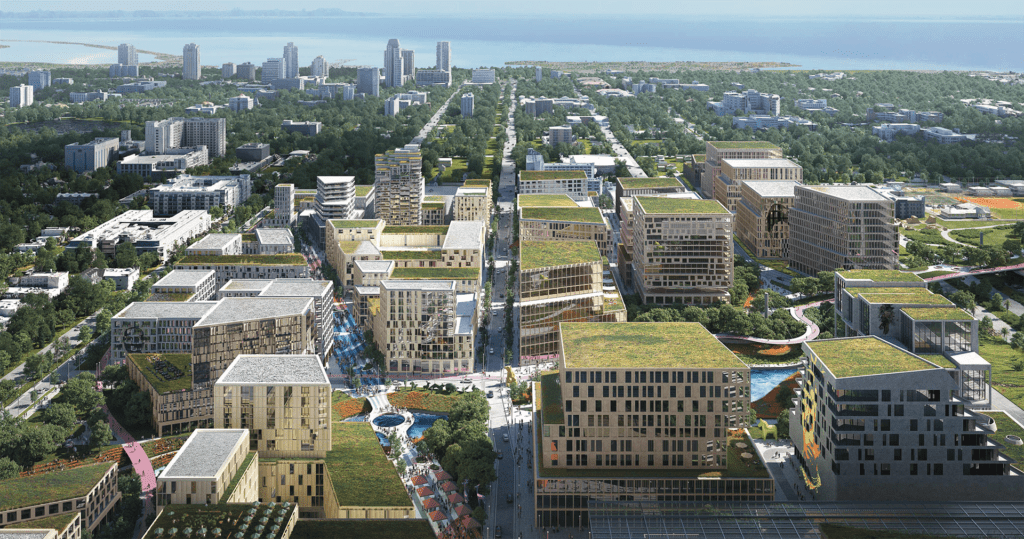 rendering of a green district wit rooftop gardens 