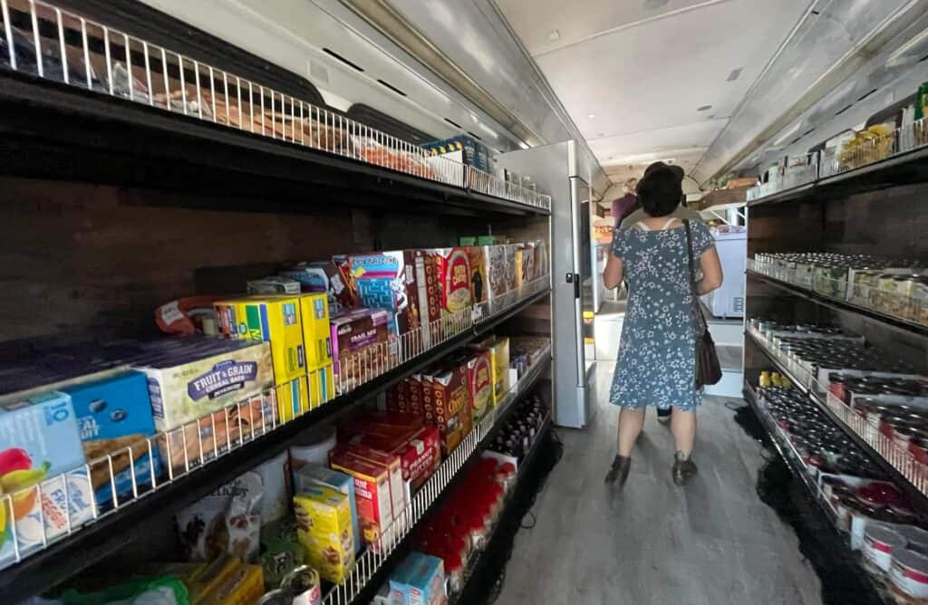 pantry items on display inside a mobile food pantry