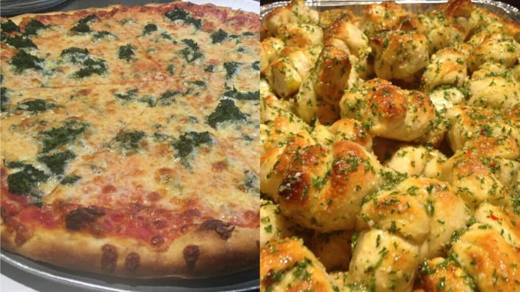 A pizza and garlic knots from Little Italy