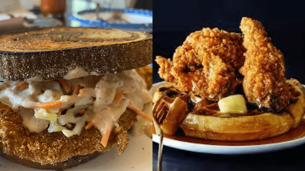 A catfish reuben, and chicken and waffles