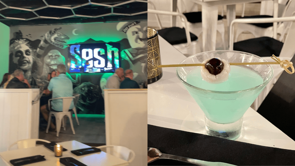Sesh's interior on left, and a cocktail on right