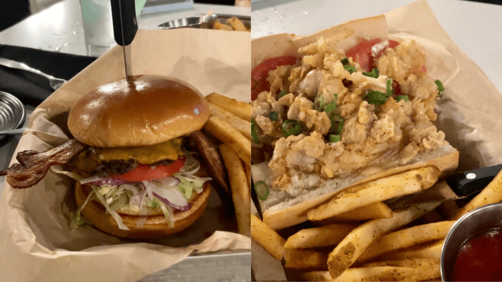 A burger on the left and an alligator po-boy on the right