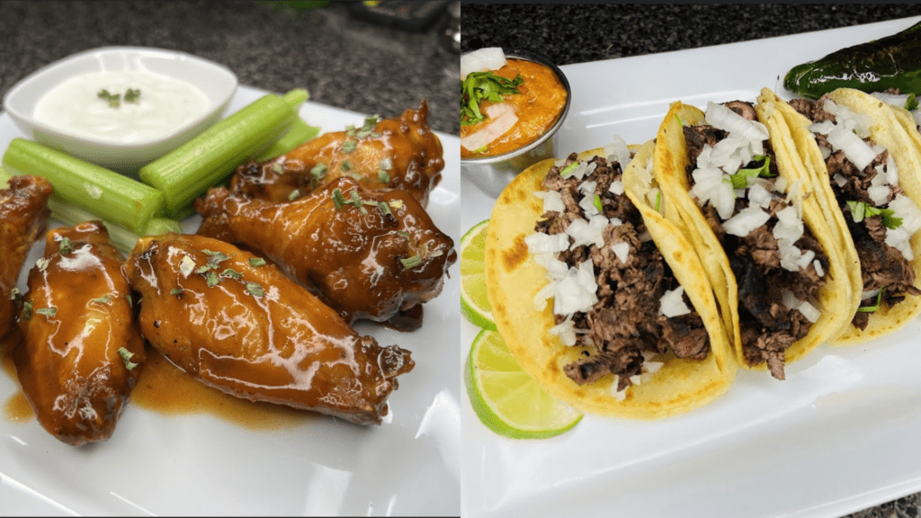 Chicken wings and steak tacos