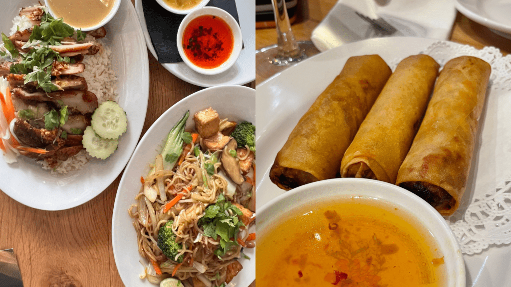 A rice dish, a noodle dish, and spring rolls at The Glass Noodle
