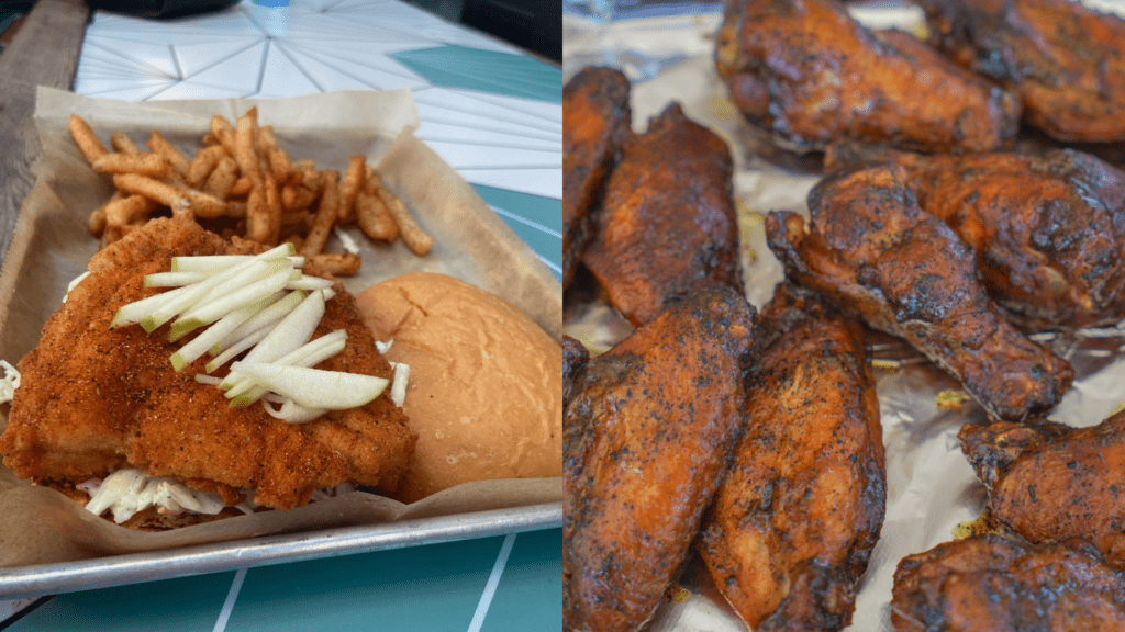 A fish sandwich and wings at Mullet's