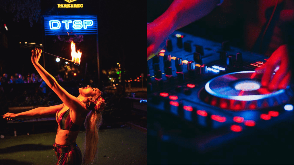 A fire dancer and a DJ performing downtown St. Pete