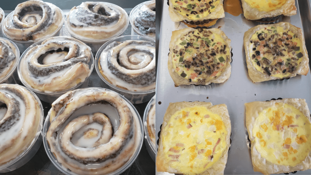 Cinnamon rolls and quiches at Tasty Treats Cafe