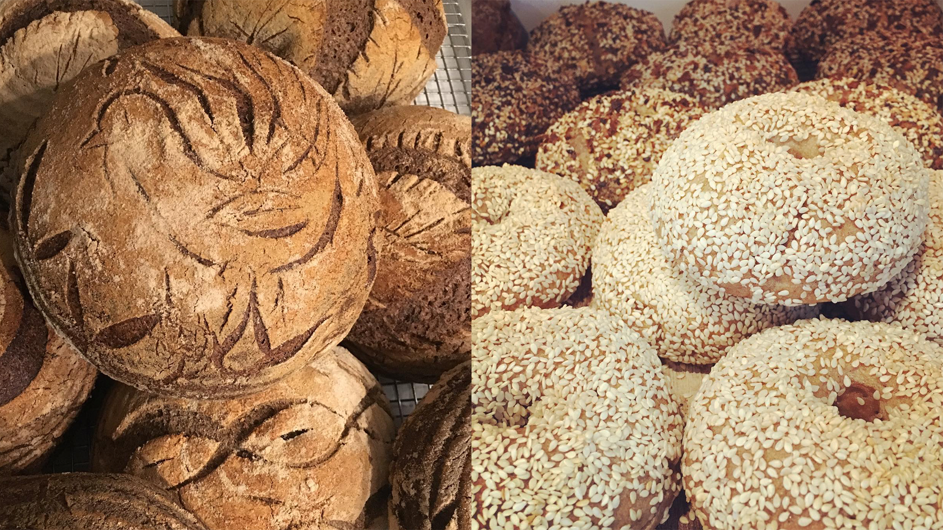large loaf of bread next to a platter of sesame seed bagels