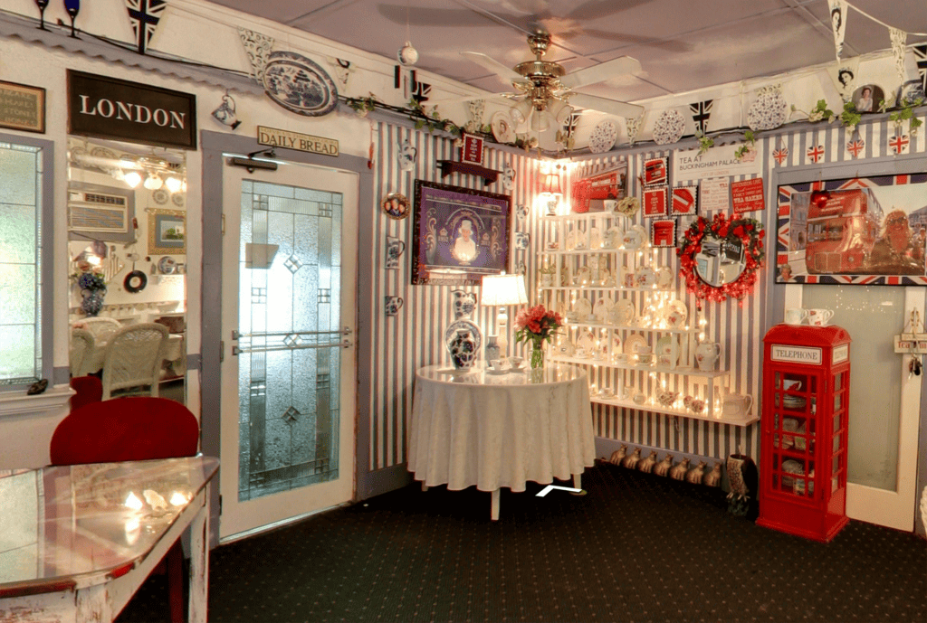 inside a tea room with ample English decor